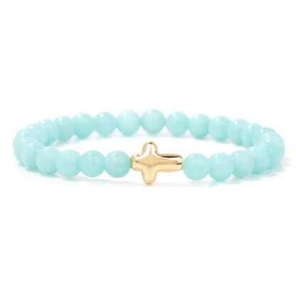 Bracelet Lithotherapie Amazonite avec croix plaque or
